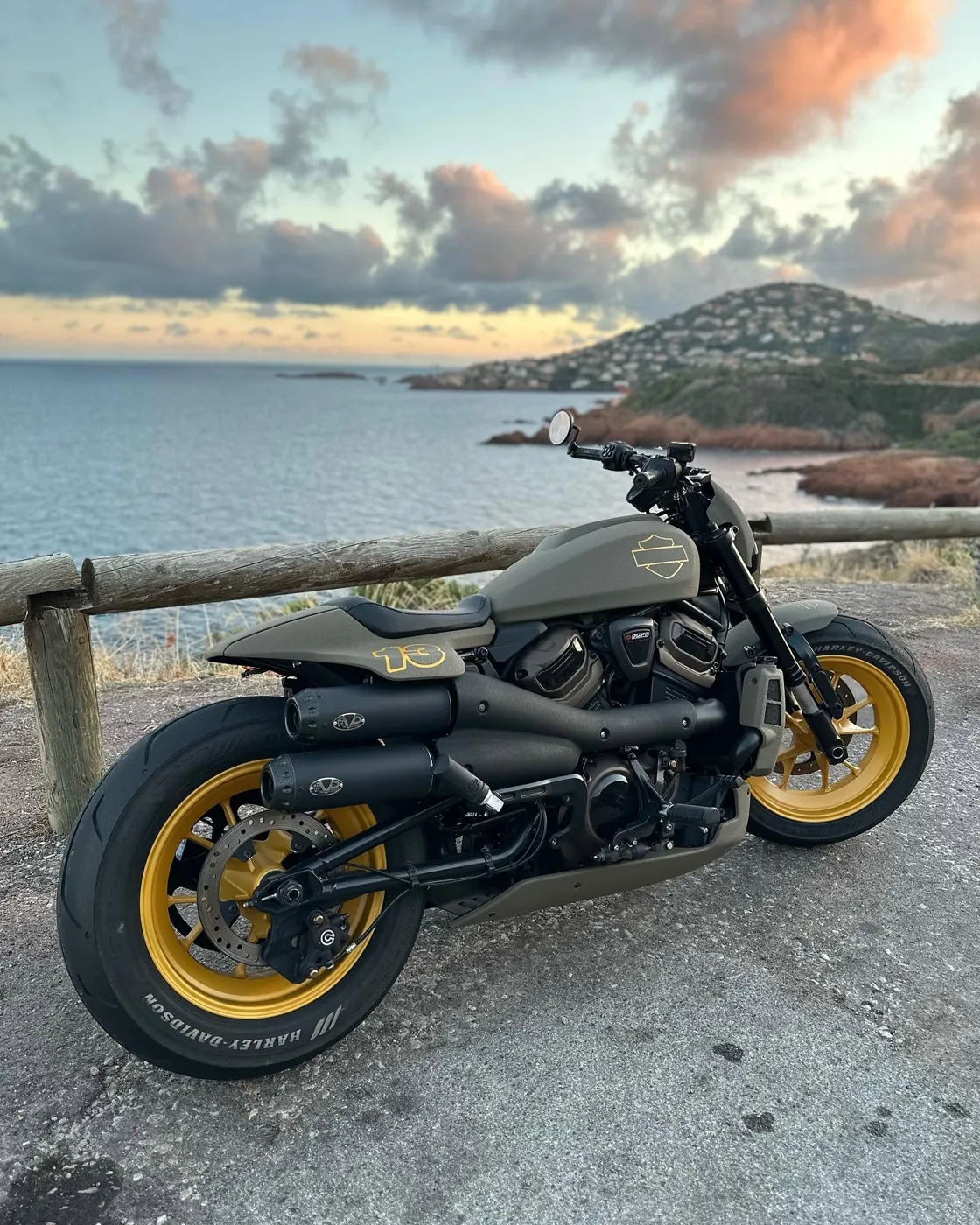 Harley-Davidson kaki aux jantes dorées, garée face à la mer dans l'Estérel